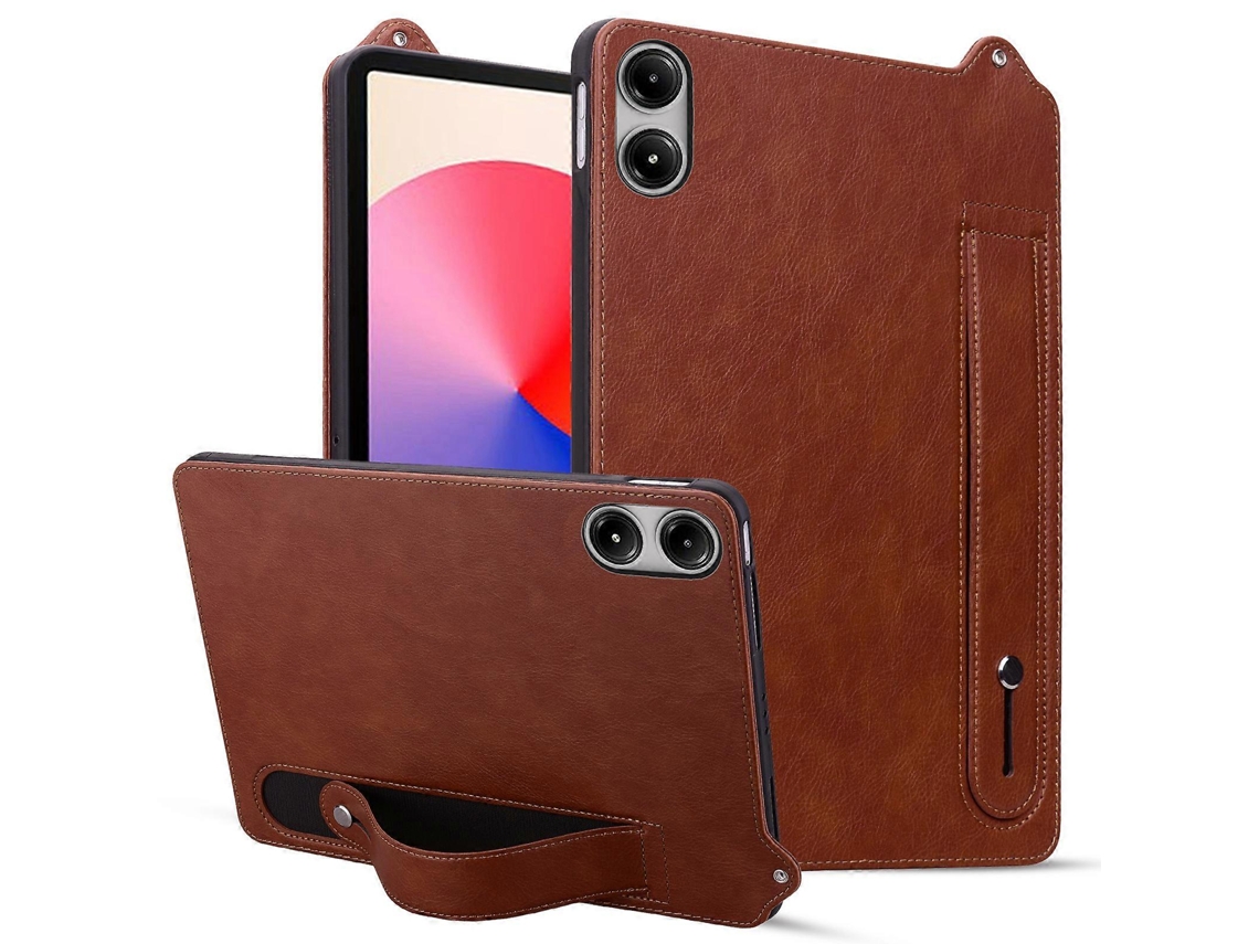 Capa para Xiaomi Redmi Pad 2 com alça de mão e suporte de couro, capa marrom Hengrongshen para tablet