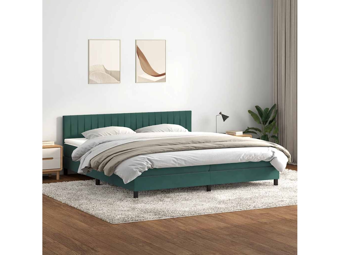 Cama Com Molas/colchão 180x220 Cm Veludo Verde-escuro