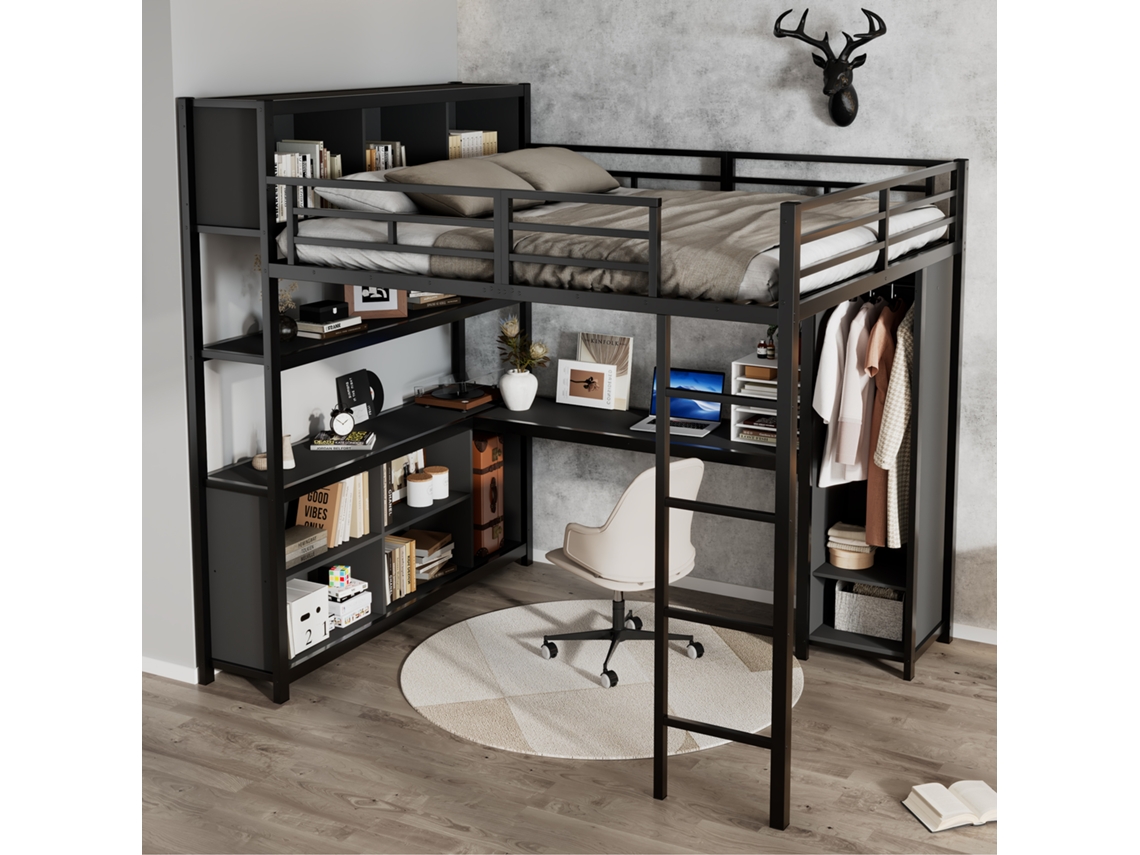 Cama Metálica 140x200 com Escrivaninha e Guarda roupa Preta
