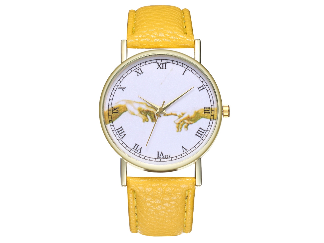 Relógio Analógico de Quartzo com Pulseira Pu Padrão Clássico para Mulheres e Homens (amarelo)