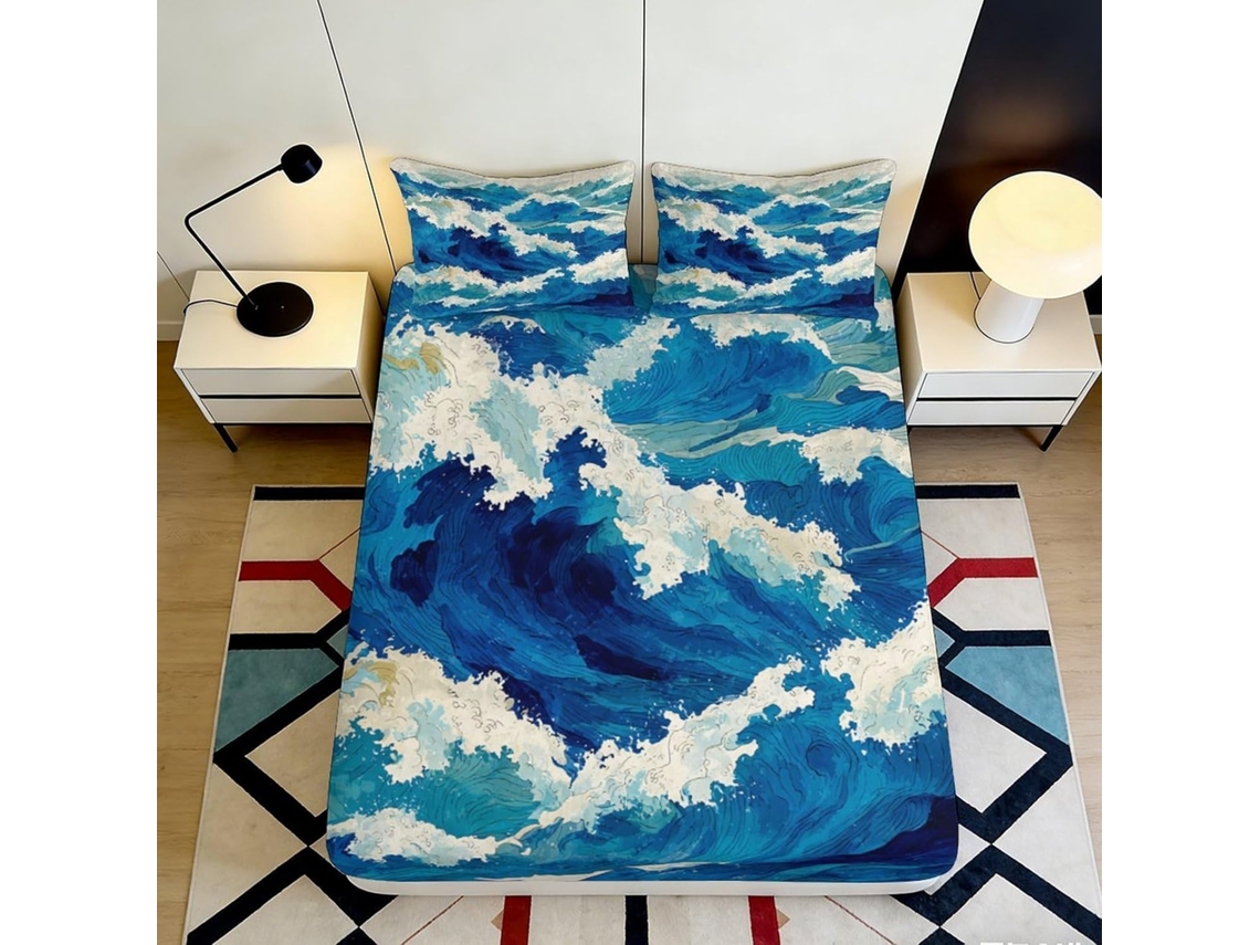 Conjunto de Cama Estampa Ondas do Oceano Microfibra com Fronha 200x25cm S/MARCA