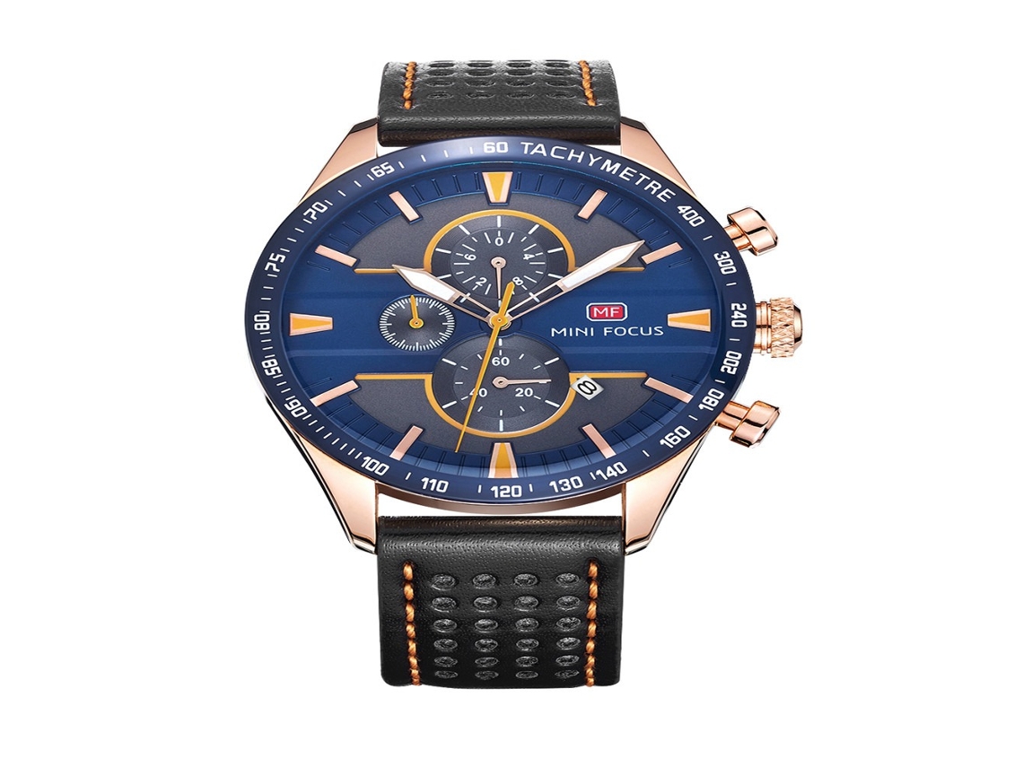 Relógio de pulso masculino redondo com pulseira de couro e movimento de quartzo (azul, ouro rosa e preto)