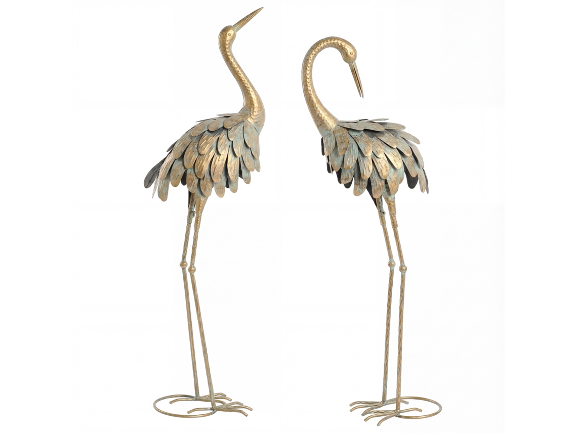 Estátuas de Garça de Metal (2 Un, 91/95cm, Dourado/azul)