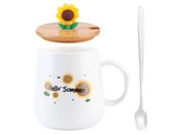 KOFIHETY Caneca de cerâmica de 420 ml com colher e tampa, linda caneca para café, água ou leite, ideal para presente.