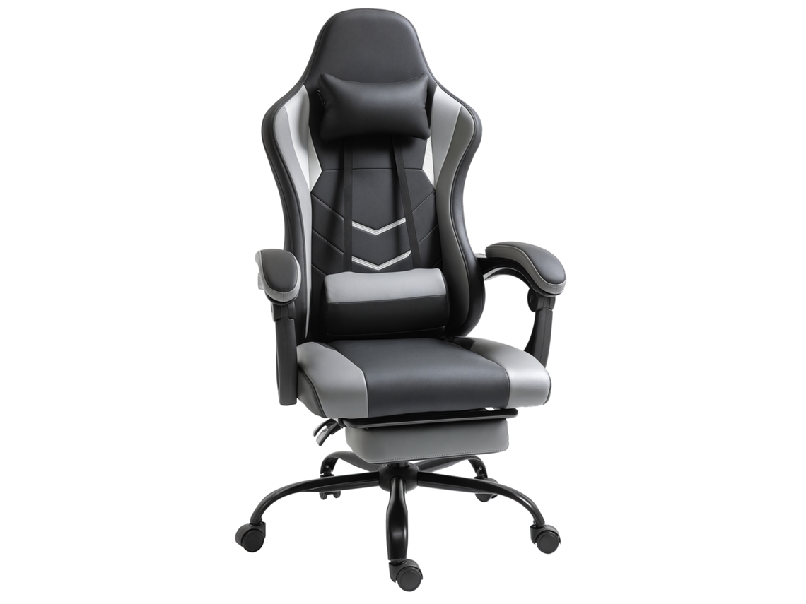 Cadeira Gaming Ergonómica, Altura Regulável, Almofada Lombar, Apoio Pés, 62×52×128 Cm, Preto
