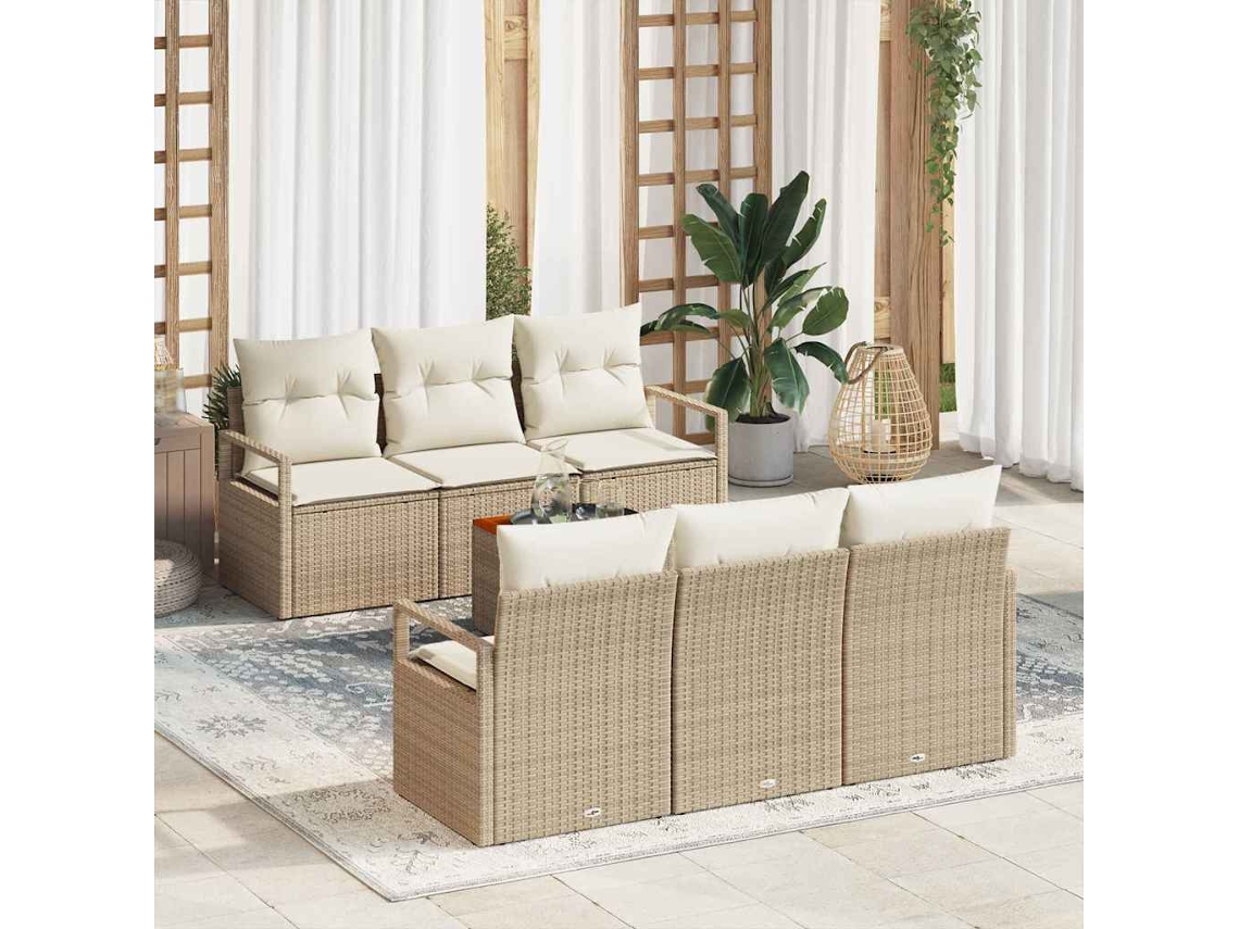 Vidaxl Conjunto De Sofá De Jardim Com Almofada 7 Pcs Bege Vime Pe