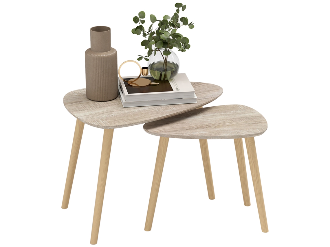 Conjunto 2 Mesas Nido Design Escandinavo, Pernas E Tampo Em Madeira, Efeito Natural