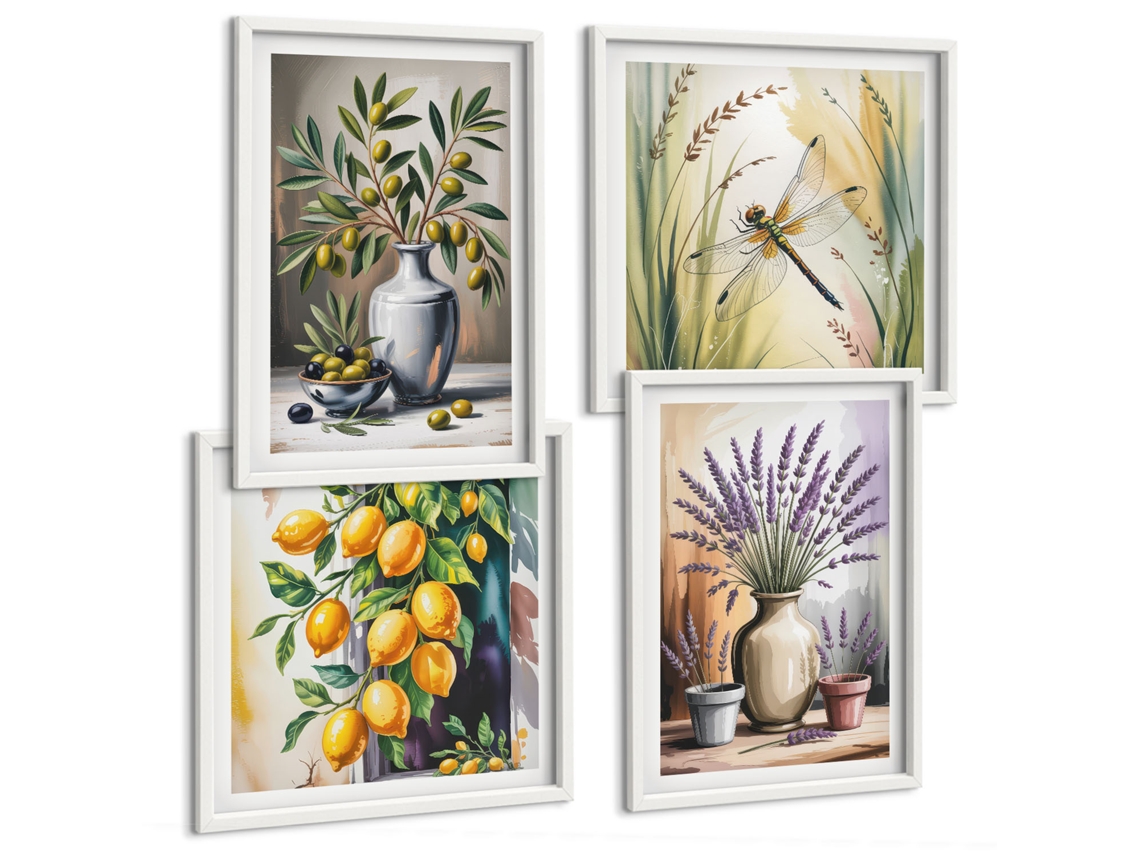 Galeria De Pinturas Murais Flores, Azeitonas Em Vasos, Fundo Moldura Branca Fotos Para O Escritório Espelharte (conjunto De 4 Imagens)