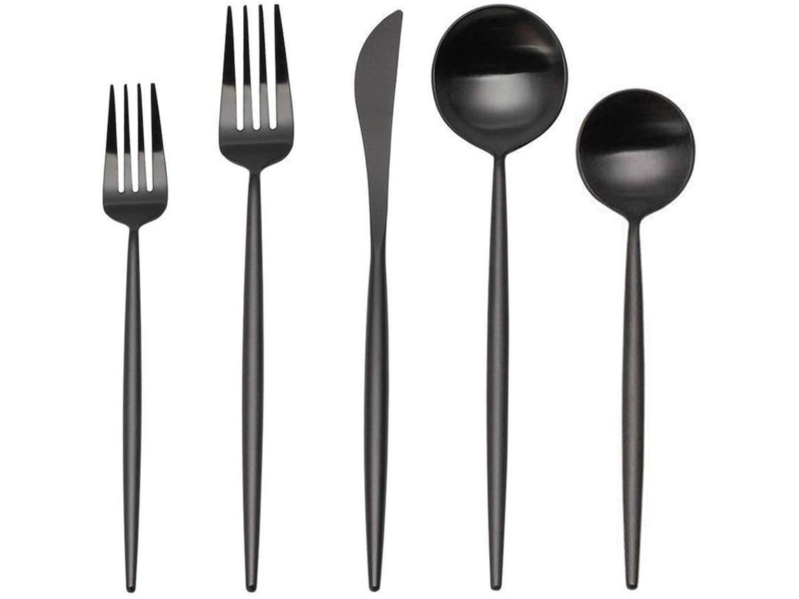 Conjunto de 5 peças de talheres em aço inoxidável acetinado, design elegante, para casa e restaurante, cor preta, modelo 2026.