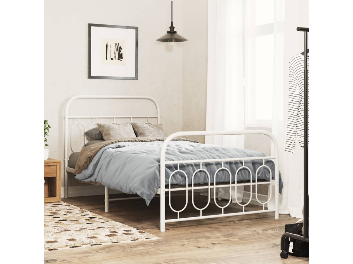 Cama De Solteiro | Camas Para Quarto | Estrutura De Cama Com Cabeceira E Pés 107x203 Cm Metal Branco