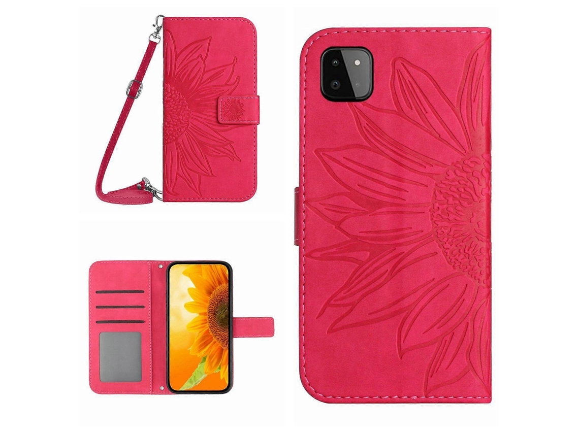 Capa De Couro Flip Com Estampa De Flor De Sol E Cordão Para Samsung Galaxy A22 5g