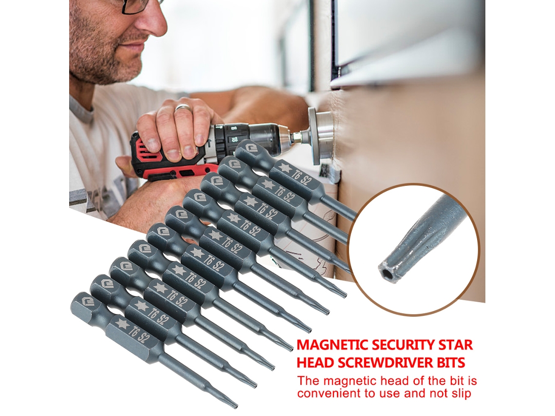 Kit De 10 Brocas De Destornillador De Estrella De Segurança Magnética T6, Mango Hexagonal 1/4", 50mm
