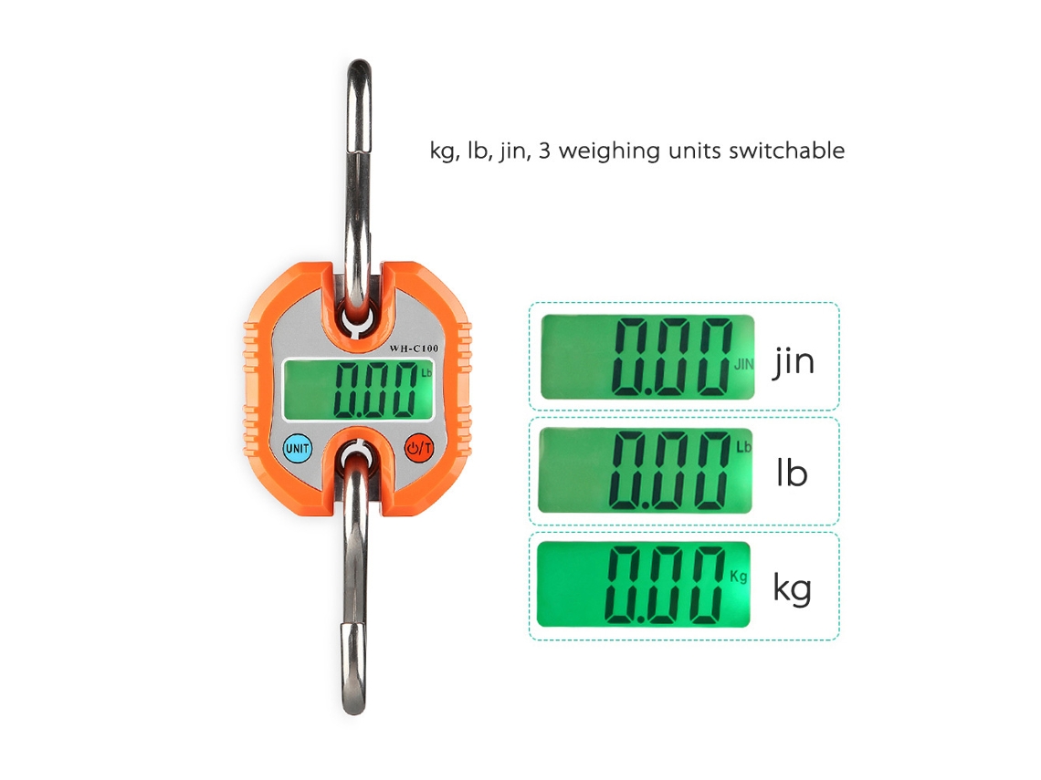 Balança digital portátil de 150 kg com funções de zeragem e tara.