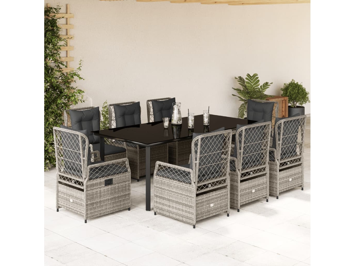 Vidaxl 9 Pcs Conjunto De Jantar P/ Jardim C/ Almofadões Vime Pe Cinza