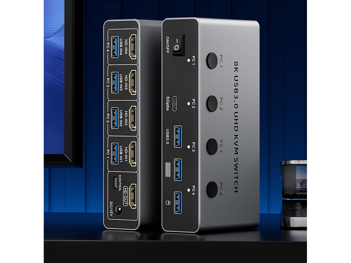 Switch KVM Grey-saaorjje 8k, 4 entradas, 1 saída, 8k/4k, HD2.1, USB 3.0, transmissão de alta velocidade