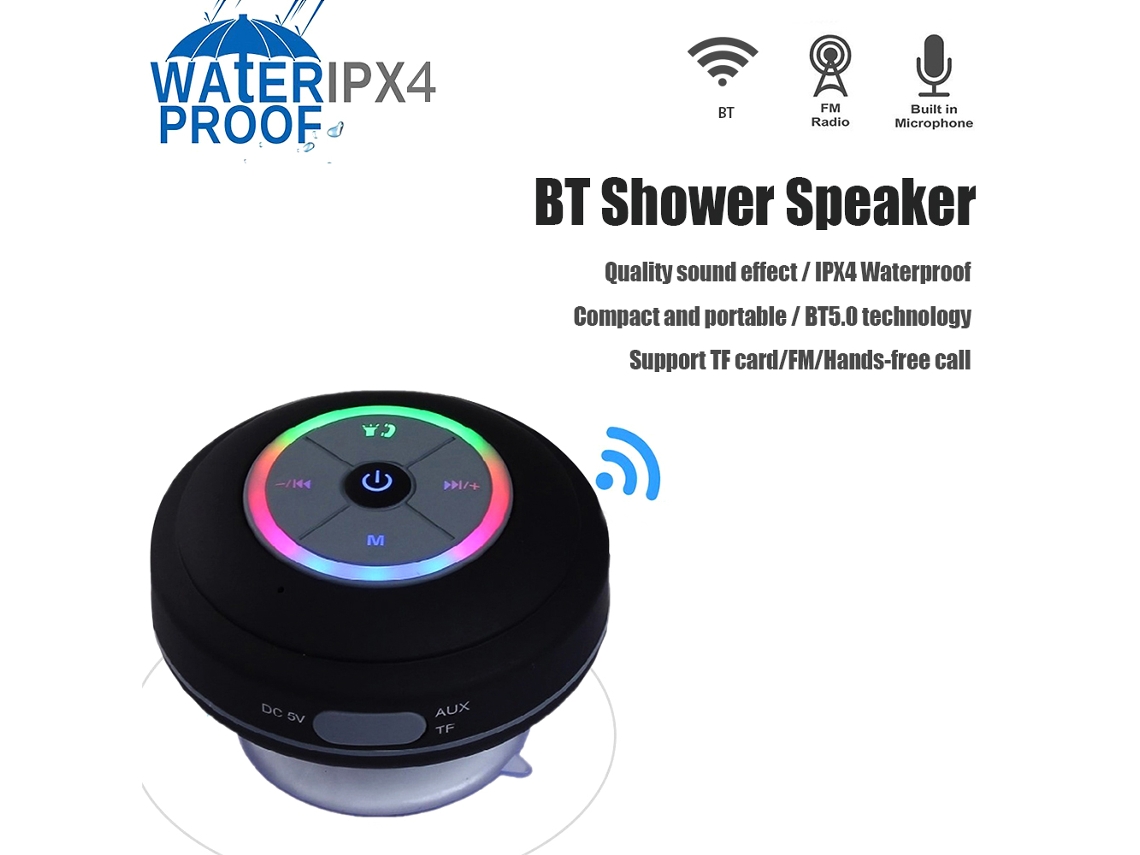 Altavoz Inalámbrico Bt Para Ducha Mini Ipx4 Impermeable Con Luz Led Radio Fm Micrófono Manos Libres Tarjeta Tf