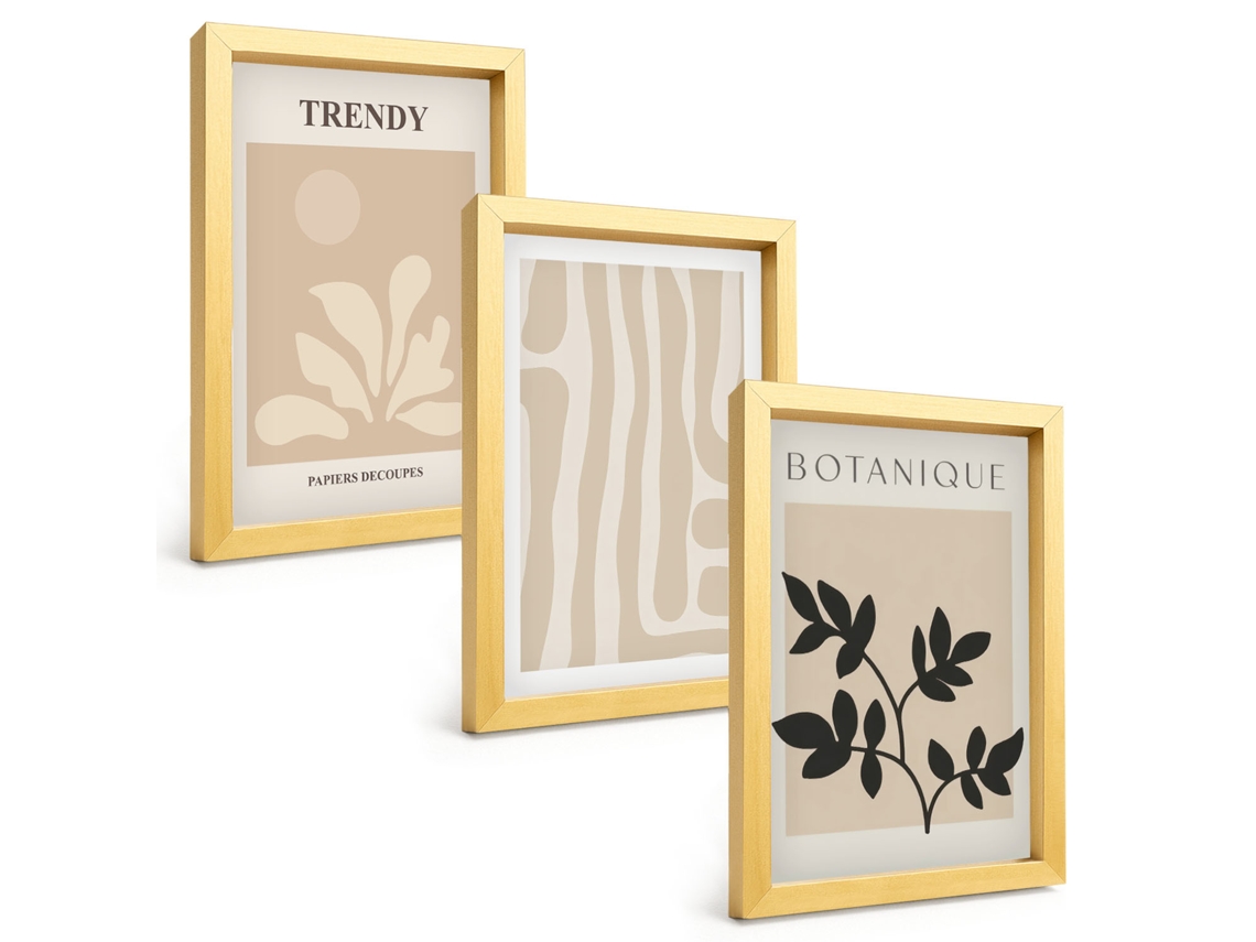 Composição De Quadros Padrões Elegantes De Plantas Em Preto E Bege Espelharte (3 Peças 20x30 Cm)