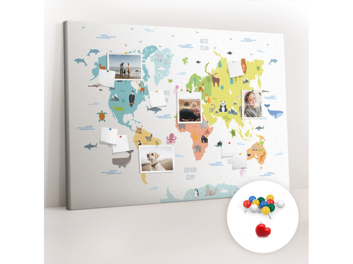 Quadro De Cortiça Mapa-múndi Com Animais Para O Corredor Espelharte (140x100 Cm)