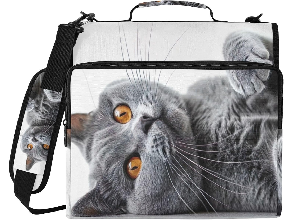 Bolsa Organizadora Com Estampa De Gatinho E Fichário 3 Argolas, Bolsa Impermeável Laptop Ideal Escola E Escritório