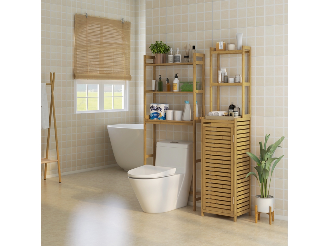 Armário para Vaso Sanitário com 3 Prateleiras e Tapetes Antiderrapantes, 68x20x165 Cm, Cor Natural.