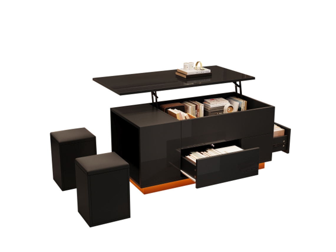 Mesa De Centro Multifuncional 4 Em 1, 100 X 50 X 45 Cm, Com Altura Ajustável, Led, 2 Banquetas, Capacidade De Carga De Até 50 Kg