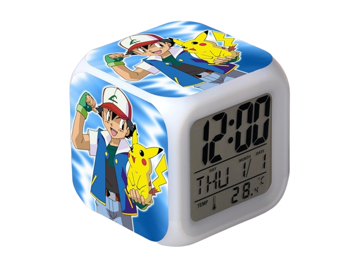 Despertador digital quadrado Pikachu com LED, hora, temperatura, alarme e data. Brilvibera