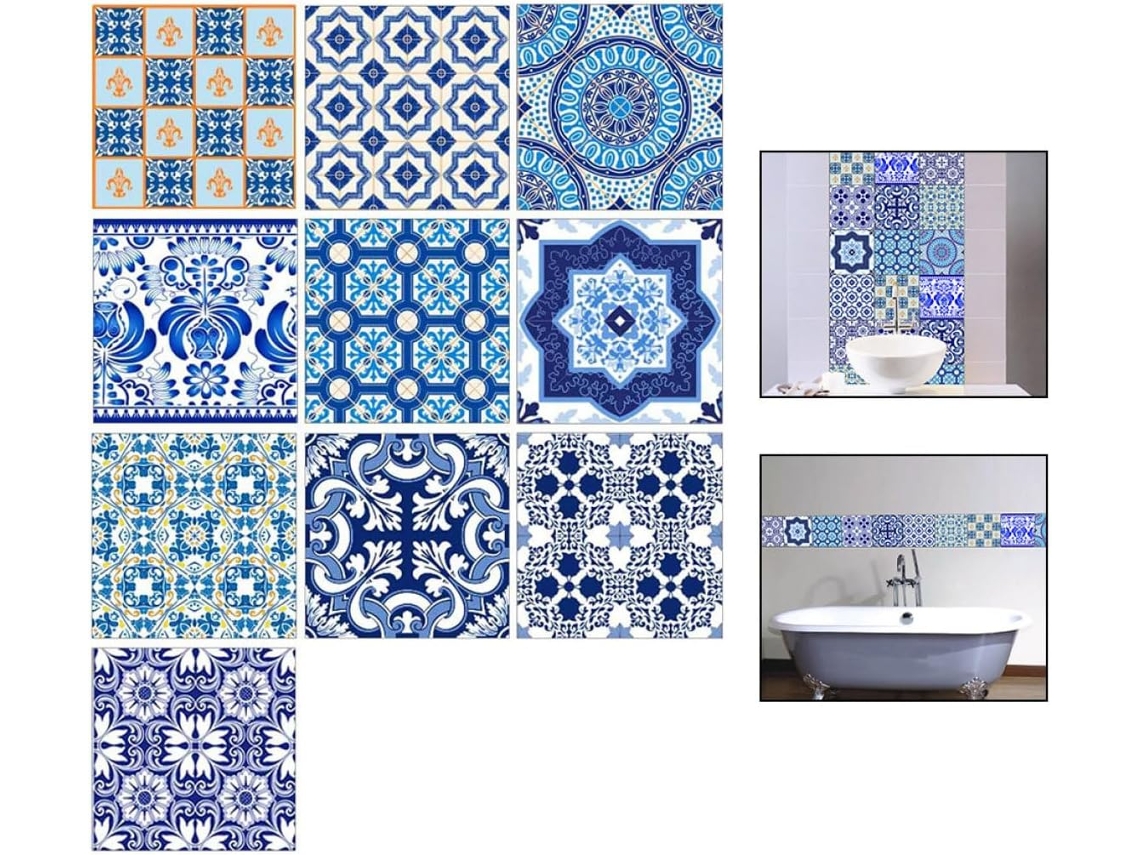 Conjunto 10 Adesivos Parede Resistentes 20x20 Pvc Impermeável Antiderrapante Decoração Porcelana Branca GOKOCO