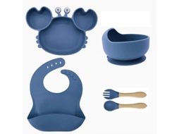 Conjunto 5 Peças Louça De Bebé Em Silicone Azul Escuro: Prato Caranguejo, Tigela, Babete E Talheres, Antiaderente, Bpa-free Para Blw