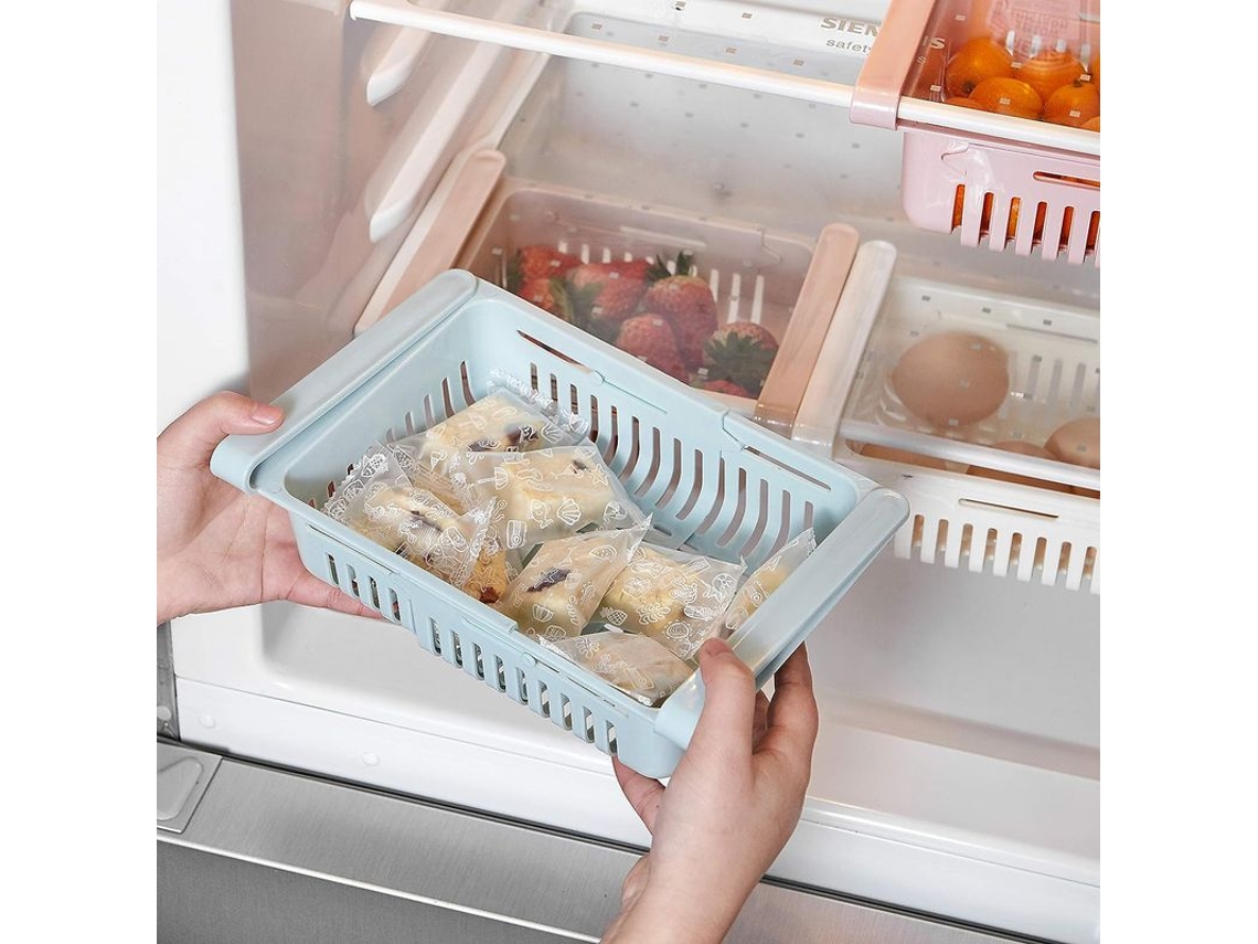 Caixa organizadora retrátil para geladeira Rebe, ideal para prateleiras de 1,27 cm (0,5 polegadas), azul.