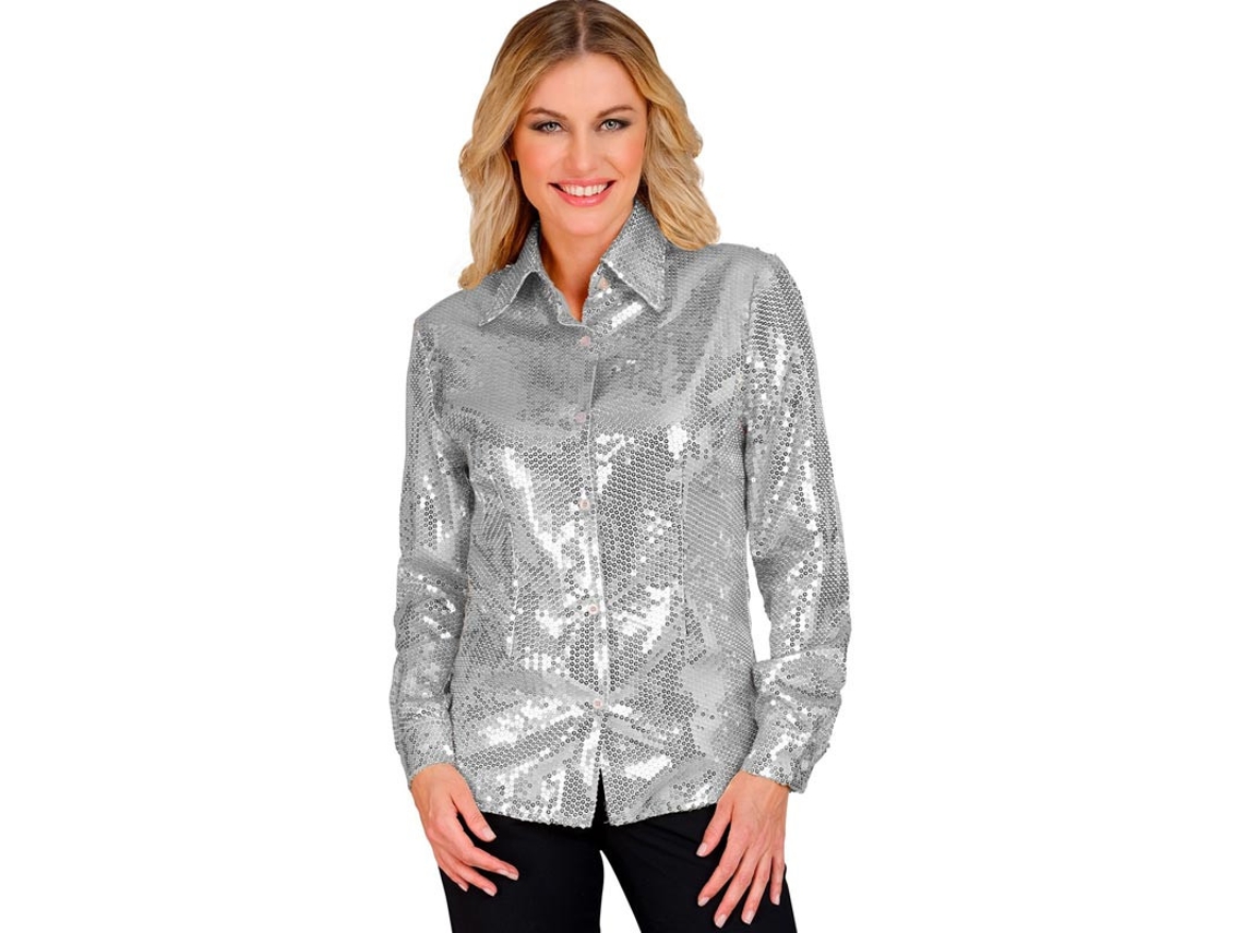 Fantasia ou camisa fashion prateada com lantejoulas para mulheres