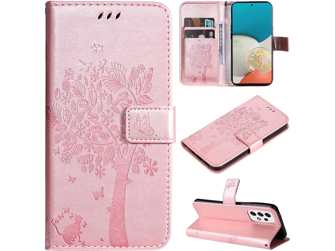 Capa Fólio Cartões Fecho para Samsung Galaxy A53 5G HONGWE. Pele Sintética Magnética Rosa