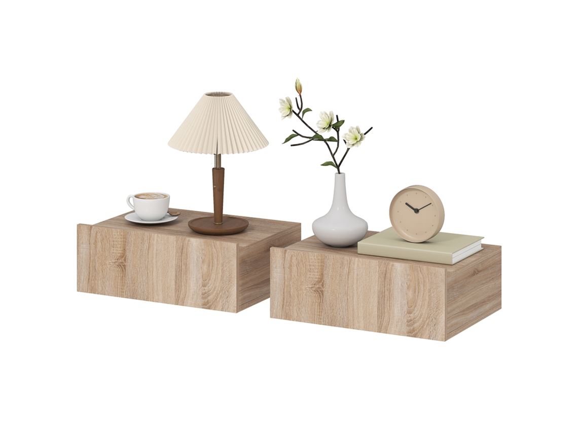 Conjunto De 2 Mesas De Cabeceira Flutuantes Com 1 Gaveta, 40x30x15 Cm, Quarto, Carvalho