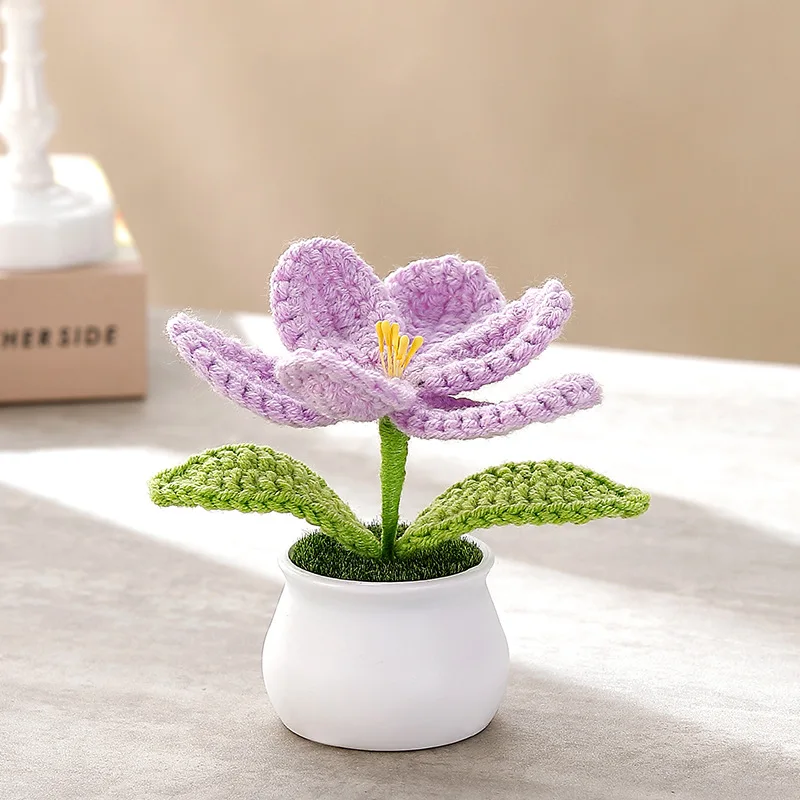 (roxo) Flores De Tulipa De Crochê, Combinadas Com Adoráveis Plantas Artificiais De Crochê Em Vasos.