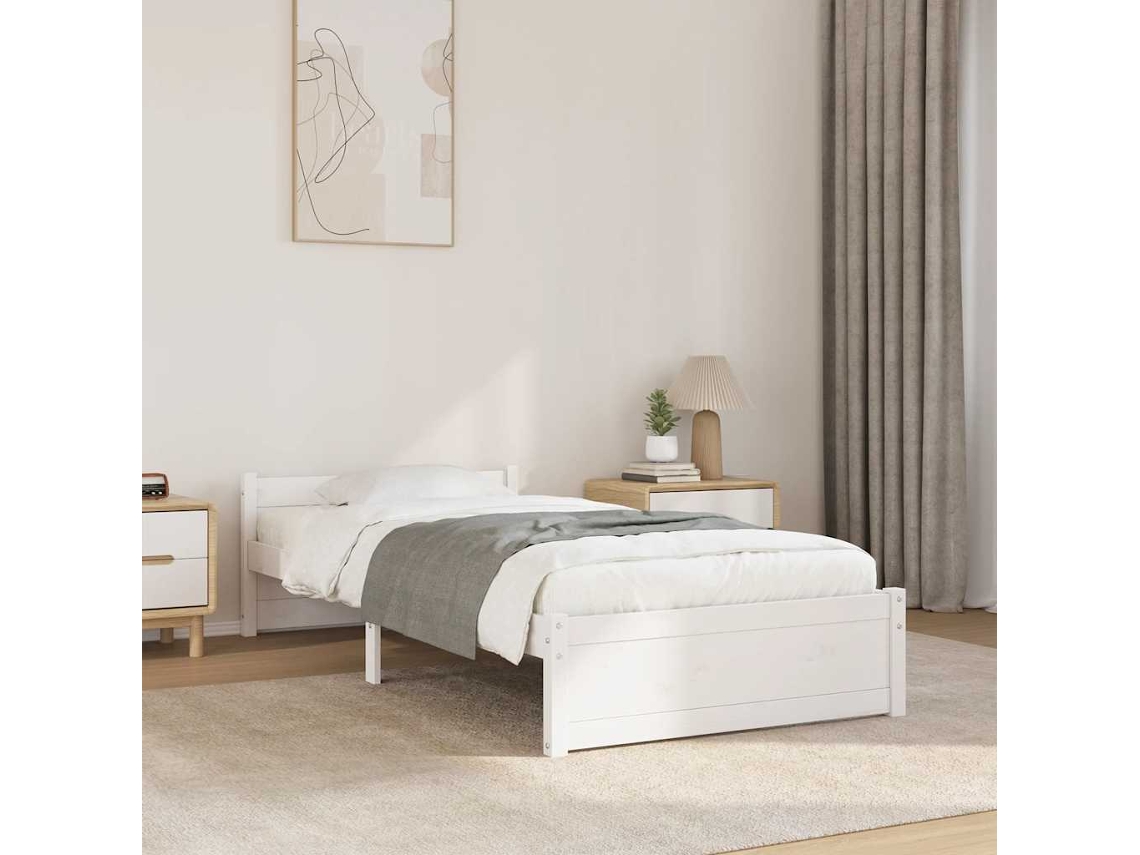 Vidaxl Estrutura de Cama Solteiro 90x190 Cm Madeira Maciça Branco