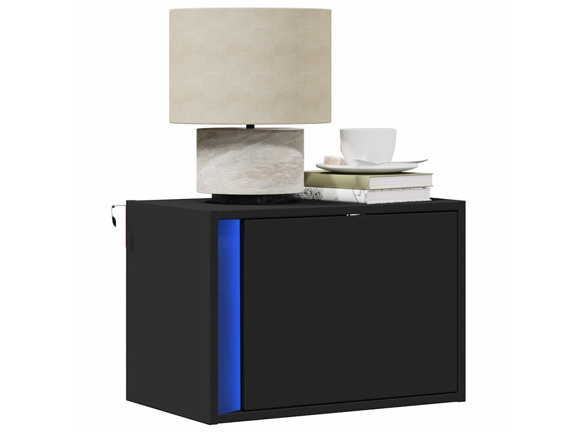 Vidaxl Mesa De Cabeceira De Parede Com Luzes Led Preto