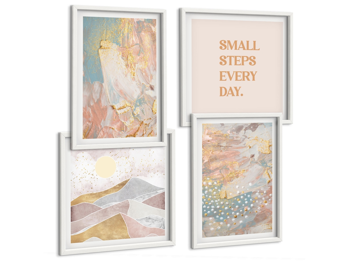 Composição De Quadros Flores Abstratas Com Frases Espelharte (4 Peças)