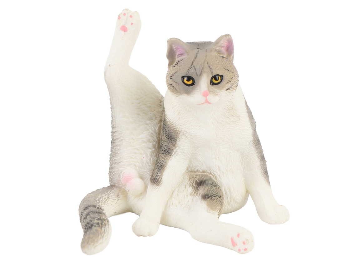 Figura realista de gato da ATS, modelo educativo e fofo de gato de plástico simulado para mesa de sala de estar infantil, gato cinza sentado com a pata levantada.