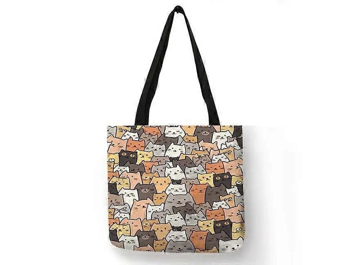 Bolsa de Compras Feminina com Estampa Floral Gatinho Desenho Animado, Ombro em Tecido Linho, Ec Ológica, Reutilizável e do GOKOCO