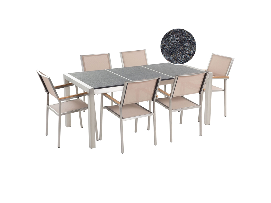 Conjunto De Refeição De Jardim Para 6 Pessoas Beliani Grosseto De Granito, Aço Inoxidável Preto/creme 180x90x70
