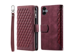 Capa De Couro Com Zíper E Textura De Grade Para Celular Com Cordão