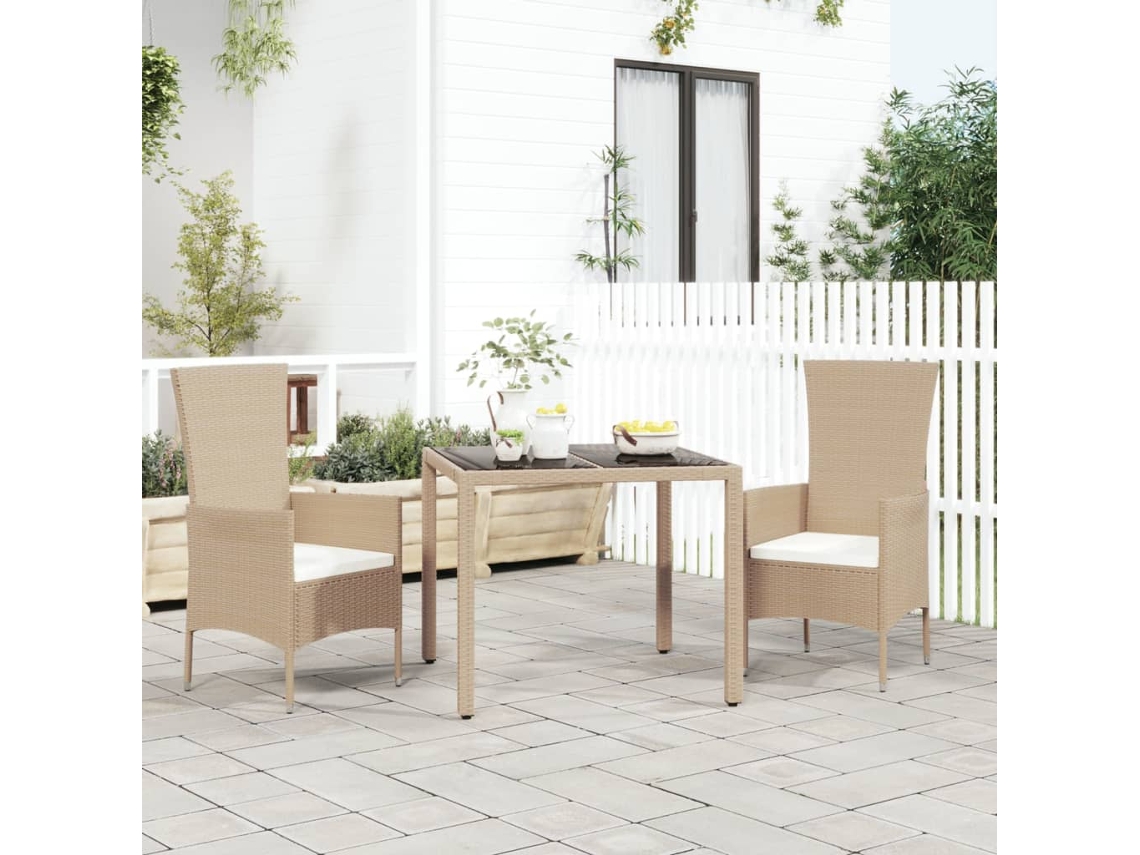 Vidaxl 3 Pcs Conjunto De Jantar P/ Jardim Com Almofadões Vime Pe Bege