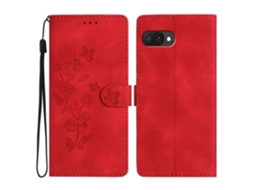 Capa De Couro Com Estampa De Flores E Alça De Pulso Para Google Pixel 9a - Vermelho
