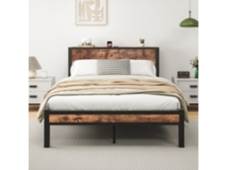 Cama Individual 140x200 Cm - Estrutura Metálica Com Arrumação, Silenciosa - Castanho Vintage