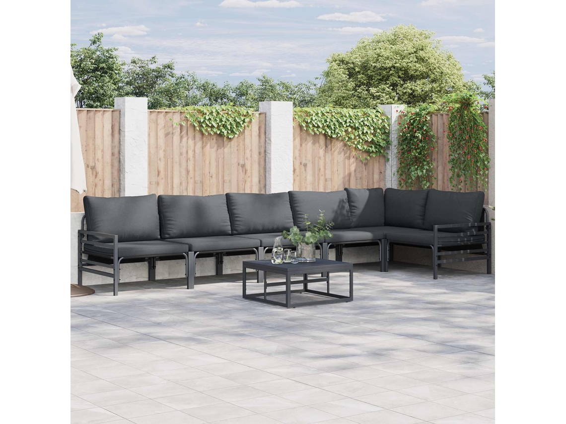 Vidaxl Conjunto De Sofá De Jardim Com Almofada 7 Pcs Preto Aço