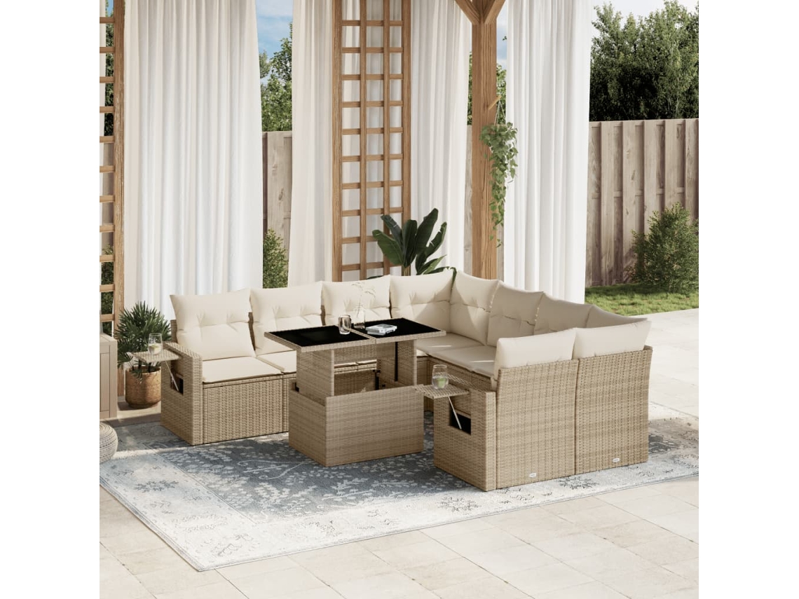 9 Pcs Conjunto De Sofás P/ Jardim Com Almofadões Vime Pe Bege Dkd Home Decor