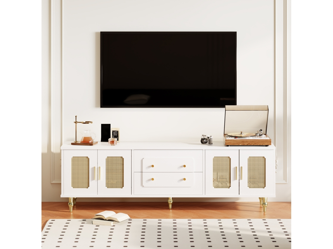 Móvel para TV em Branco e Madeira Natural 160x39x49,5 cm, 3 Portas Ranhuradas, Borda Elevada, Pés Madeira KOMHTOM