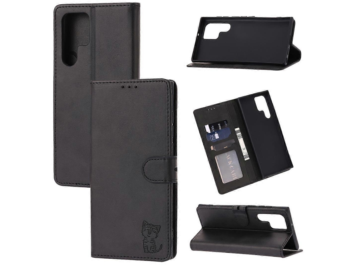Capa De Couro Com Aba E Estampa De Gato Feliz Em Relevo Para Samsung Galaxy S23 Ultra 5g