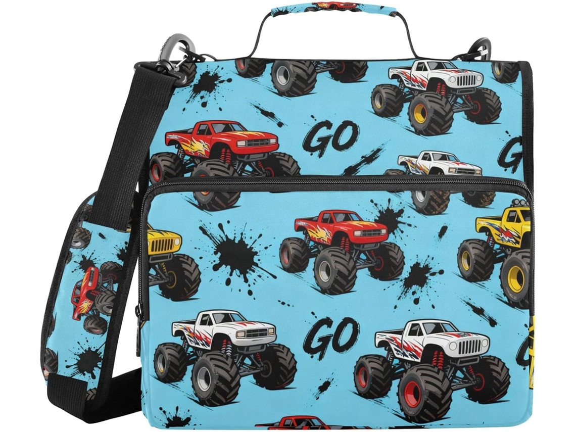 Macarrão infantil Monster Truck com 3 anéis, Alça, Bolsa com zíper e organizador de arquivos para carteira escolar