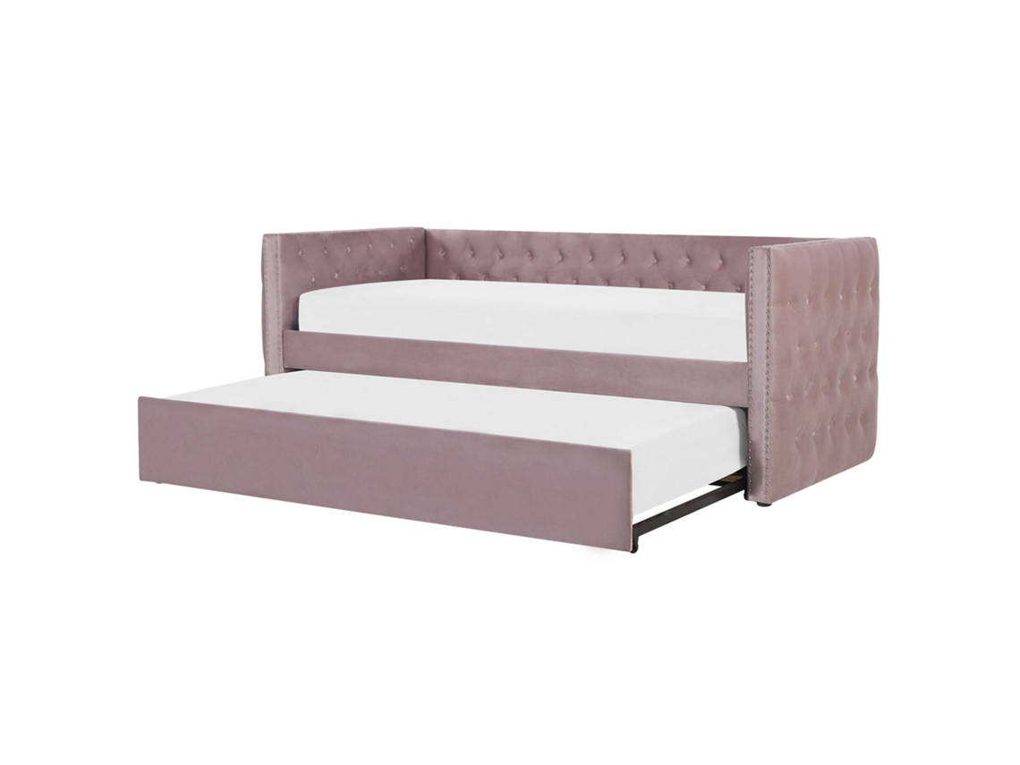 Cama Compacta Com Acabamento Capitoné Beliani Gassin De Veludo Rosa 90x200