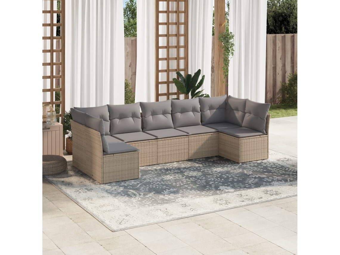 Vidaxl 7 Pcs Conjunto De Sofás P/ Jardim Com Almofadões Vime Pe Bege